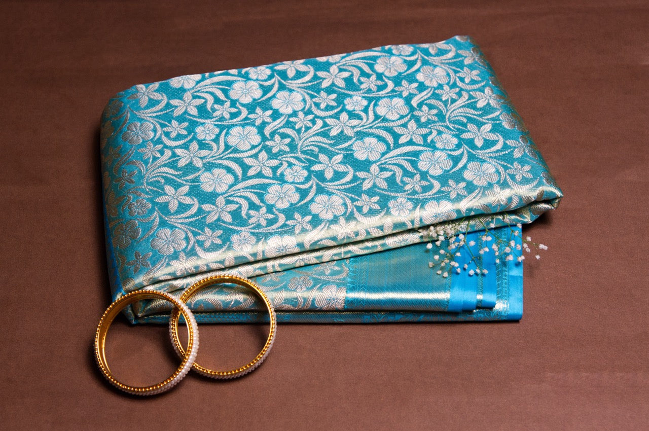 Blue and Silver Kanjivaram Pure Silk Saree