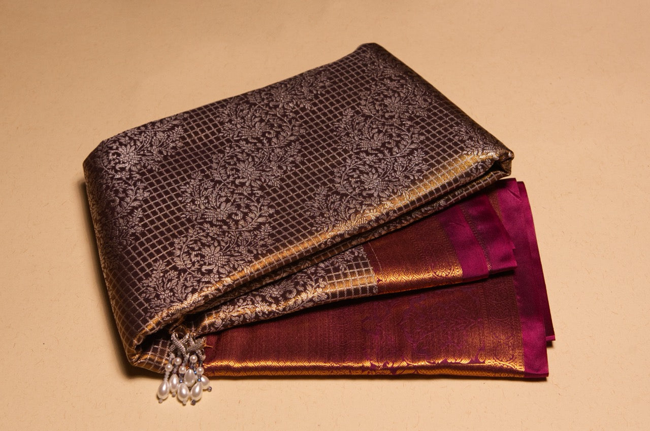 Brown Kanjivaram Zari Warp Designer Handloom Silk Saree