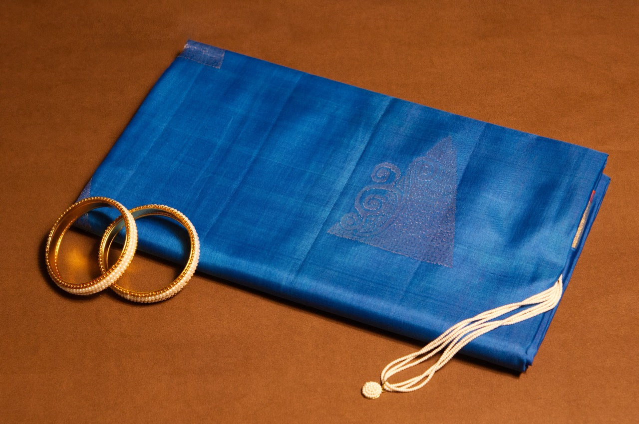 Blue and Orange Floral Kanjivaram Pure Silk Saree