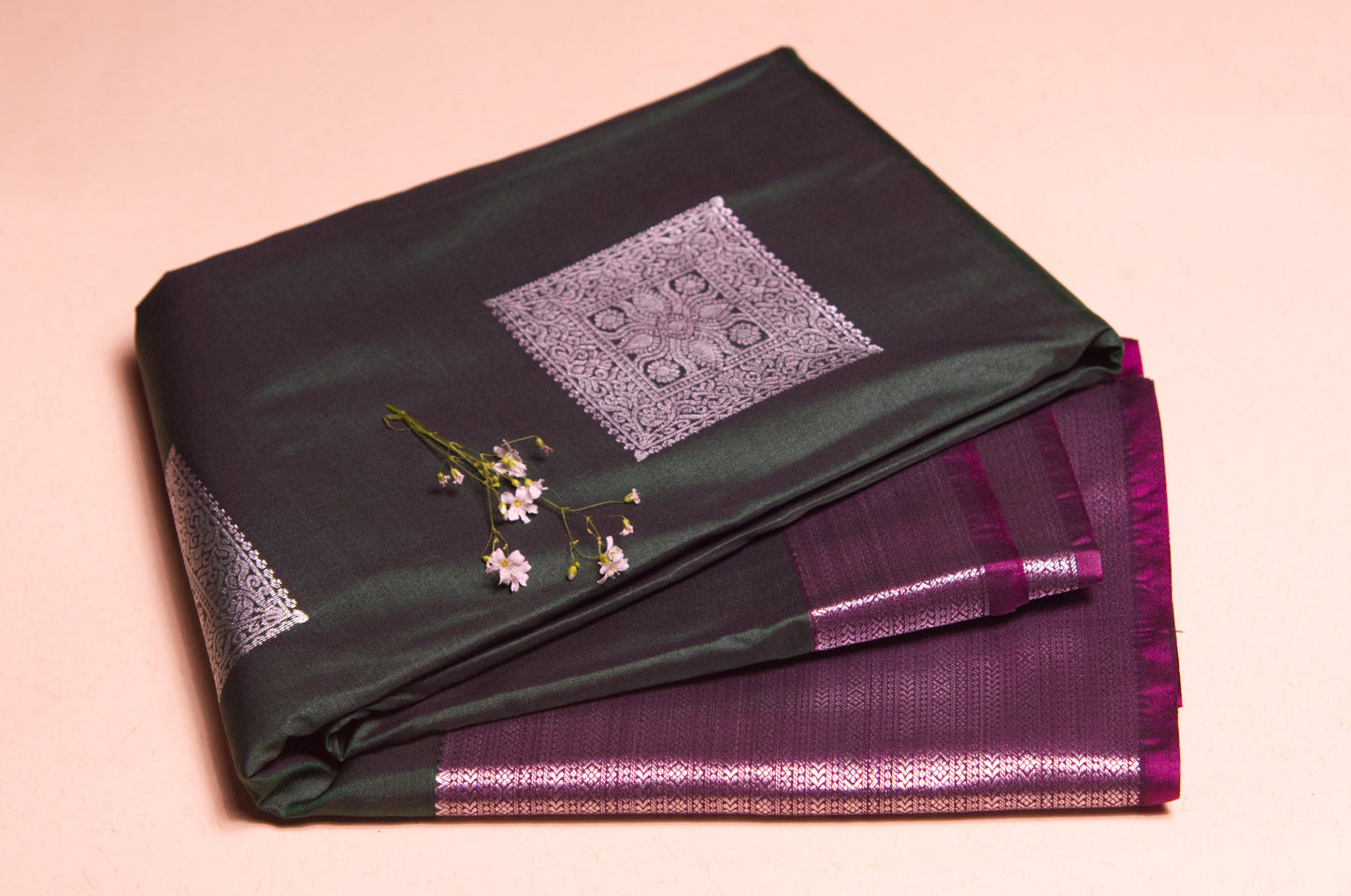 Bottle Green and Wine with Silver Zari Kanjivaram Semi Silk Saree