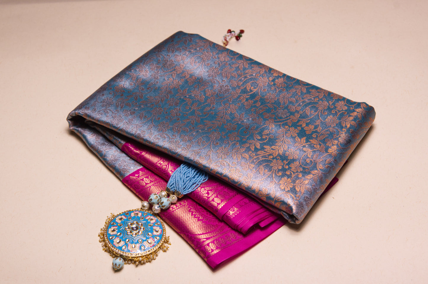 Blue and Hot Pink Kanjivaram Semi Silk Zari Saree