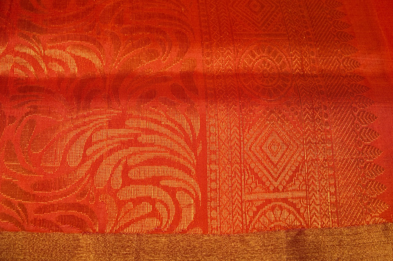 Blue and Orange Floral Kanjivaram Pure Silk Saree