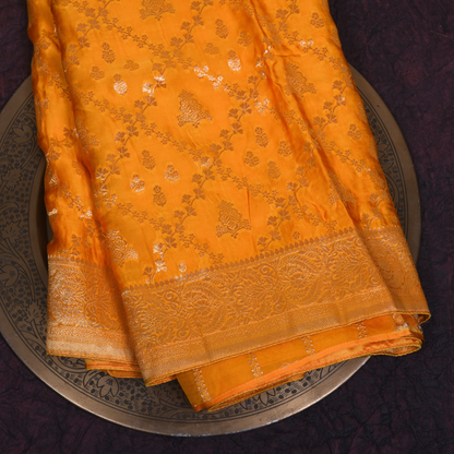 Orange Satin Silk Saree with Silver Accents