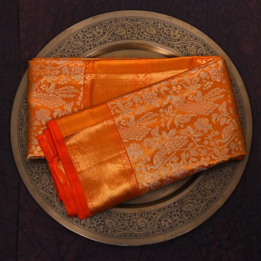 Pure Silk Orange Kanjivaram Saree with Floral Motifs