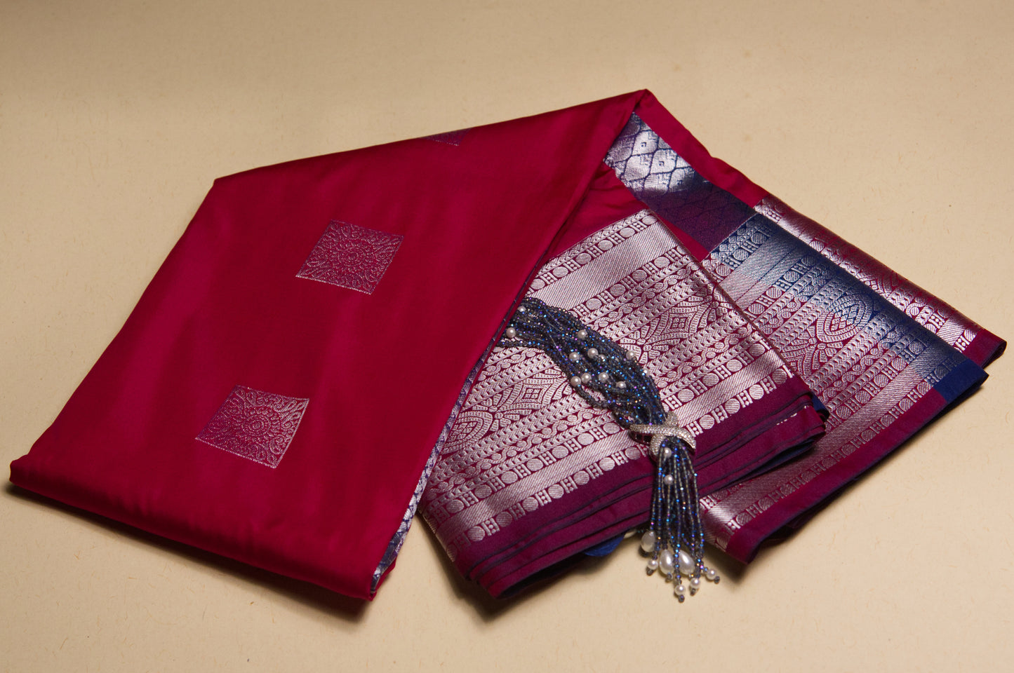 Red and Navy Blue with Silver Zari Kanjivaram Semi Silk Saree