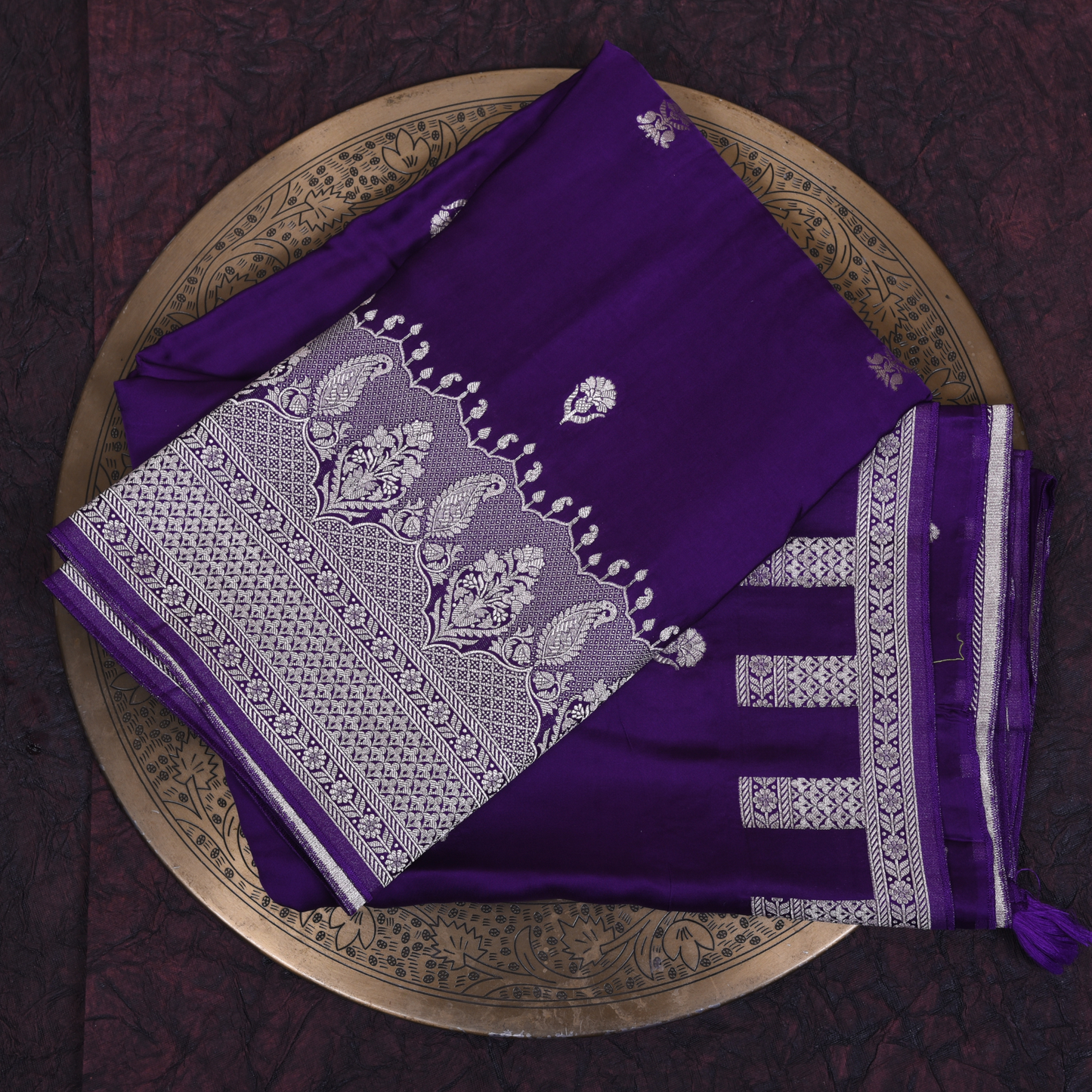 Dark Purple Satin Silk Saree with Silver Accents