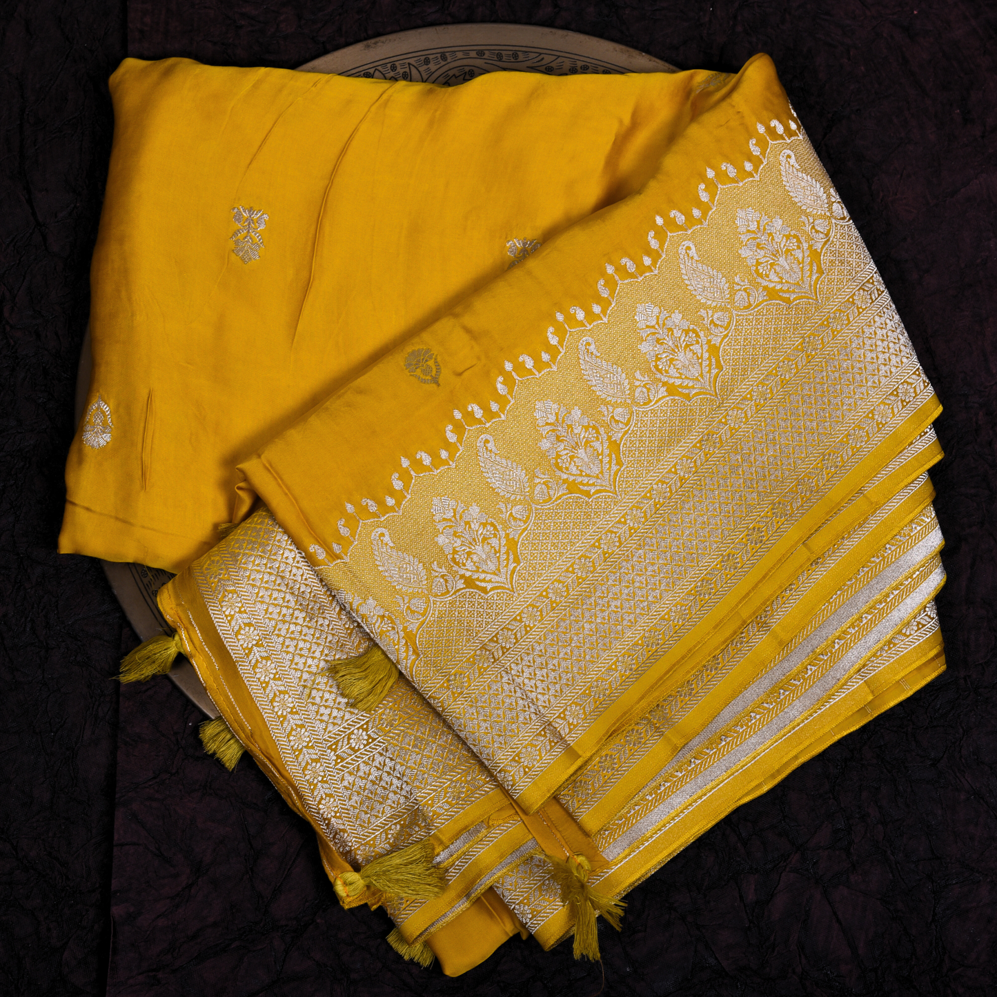 Yellow Satin Silk Saree with Silver Accents