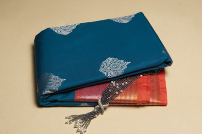 Teal and Orange Rani Kanjivaram Semi Silk Saree