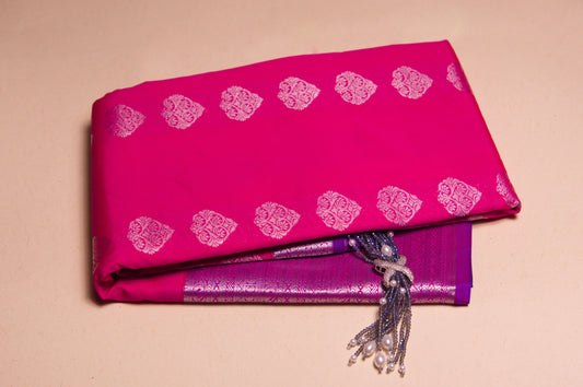 Pink and Blue with Silver Zari Kanjivaram Semi Silk Saree