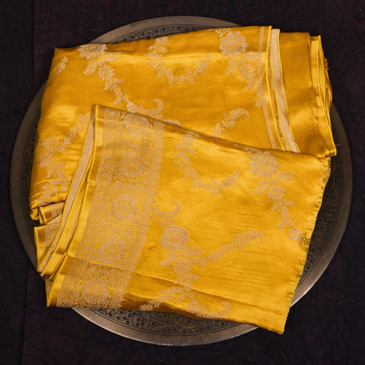 Yellow Satin Silk Saree with Floral Silver Accents