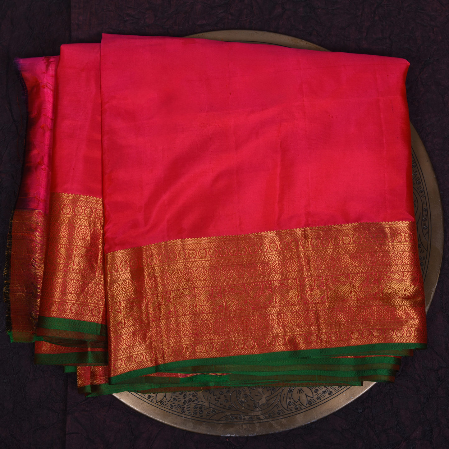 Red Kanjivaram Silk Saree with Gold Border and Green Accents