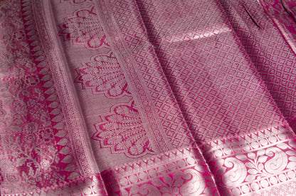 Pink and Silver Zari Warp Handloom Kanjivaram Pure Silk Saree