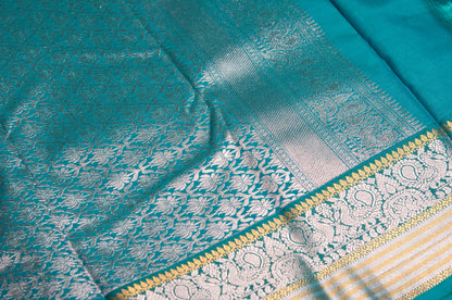 Sunset Orange and Teal Kanjivaram Semi Silk Saree