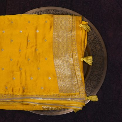 Yellow Satin Silk Saree with Floral Silver Accents