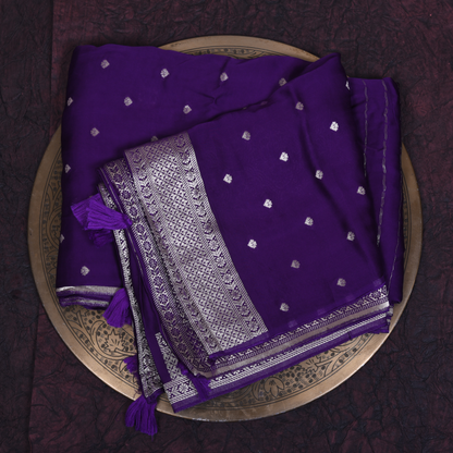 Dark Purple Satin Silk Saree with Silver Accents