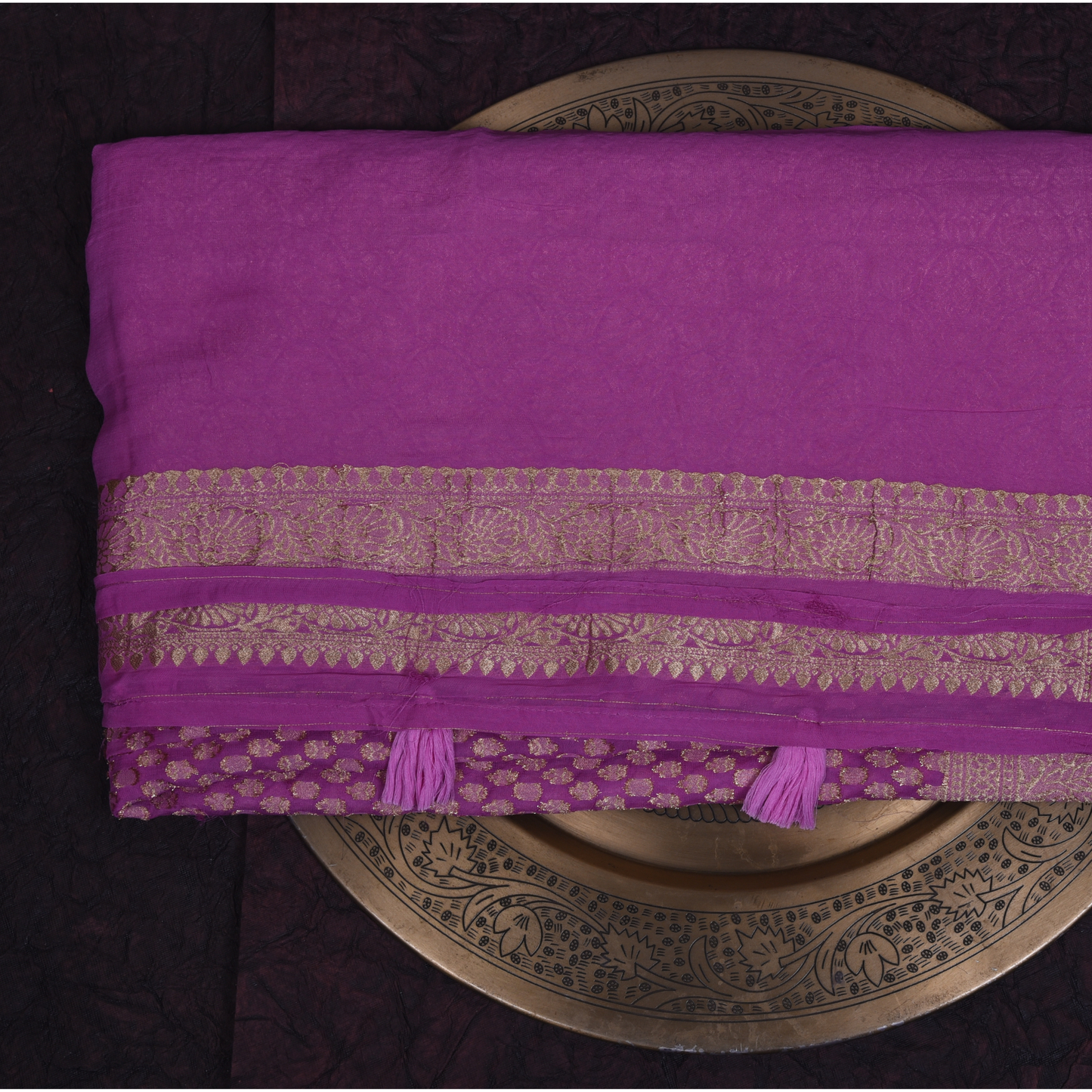 Purple Satin Silk Saree with Gold Accents