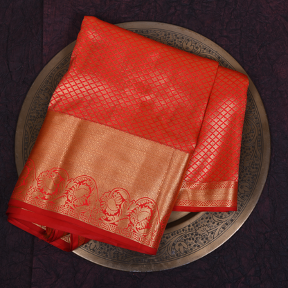 Orange Coral Kanjivaram Silk Saree