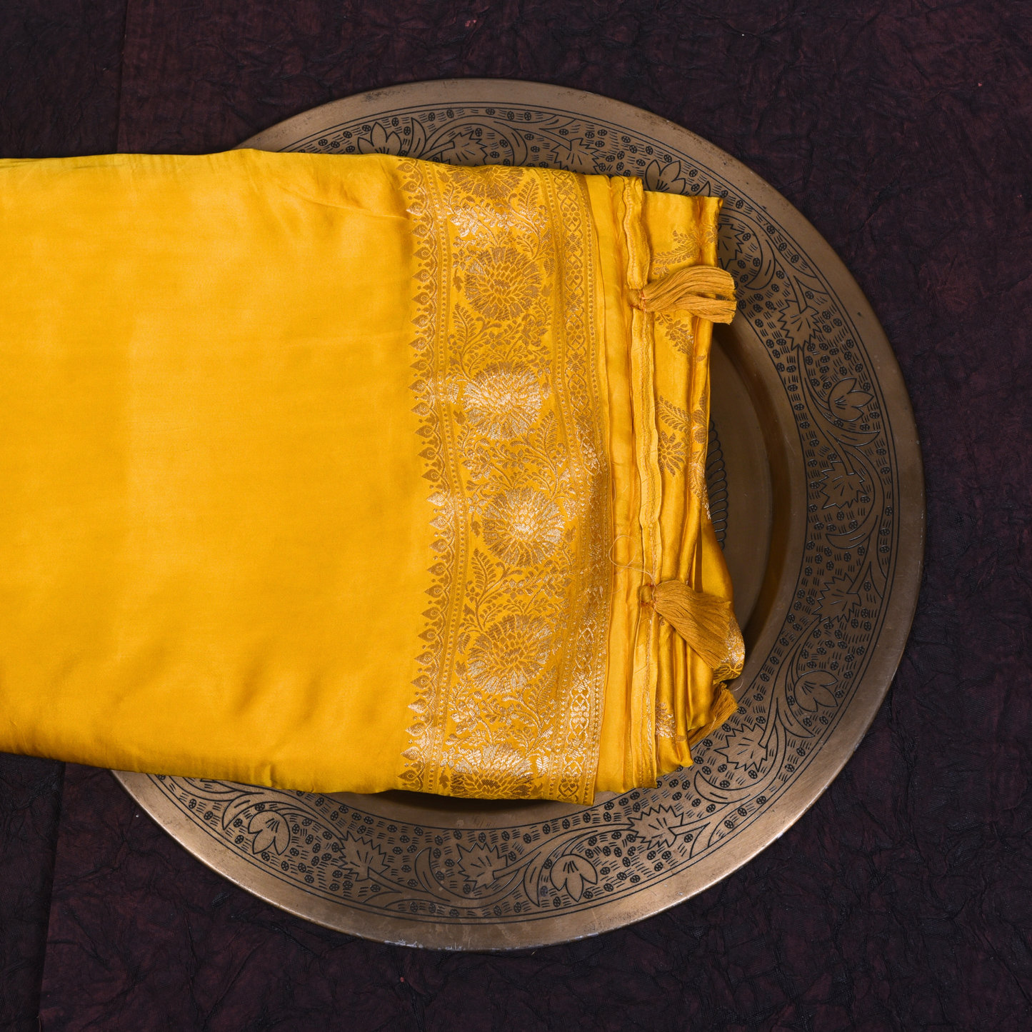 Yellow Satin Silk Saree with Floral Silver Accents
