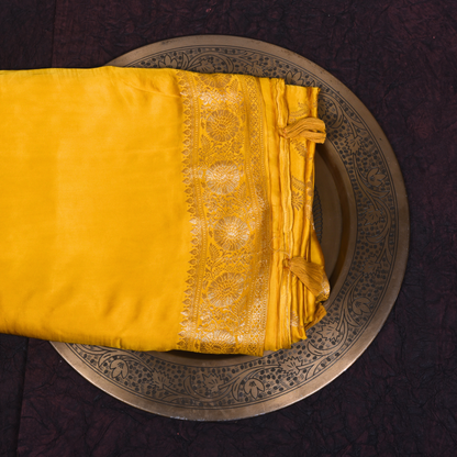 Yellow Satin Silk Saree with Floral Silver Accents