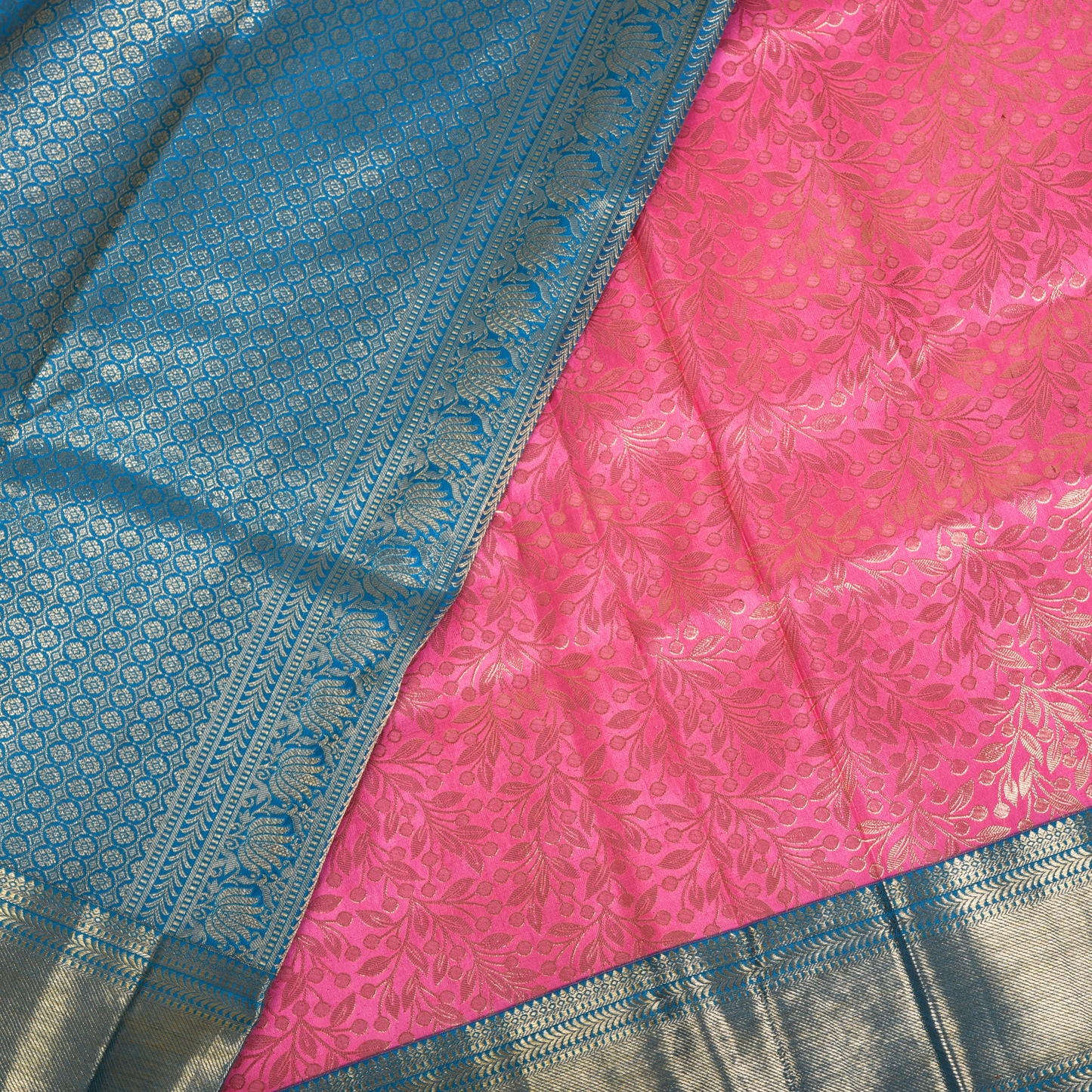 Pink and Blue Pure Silk Kanjivaram Saree