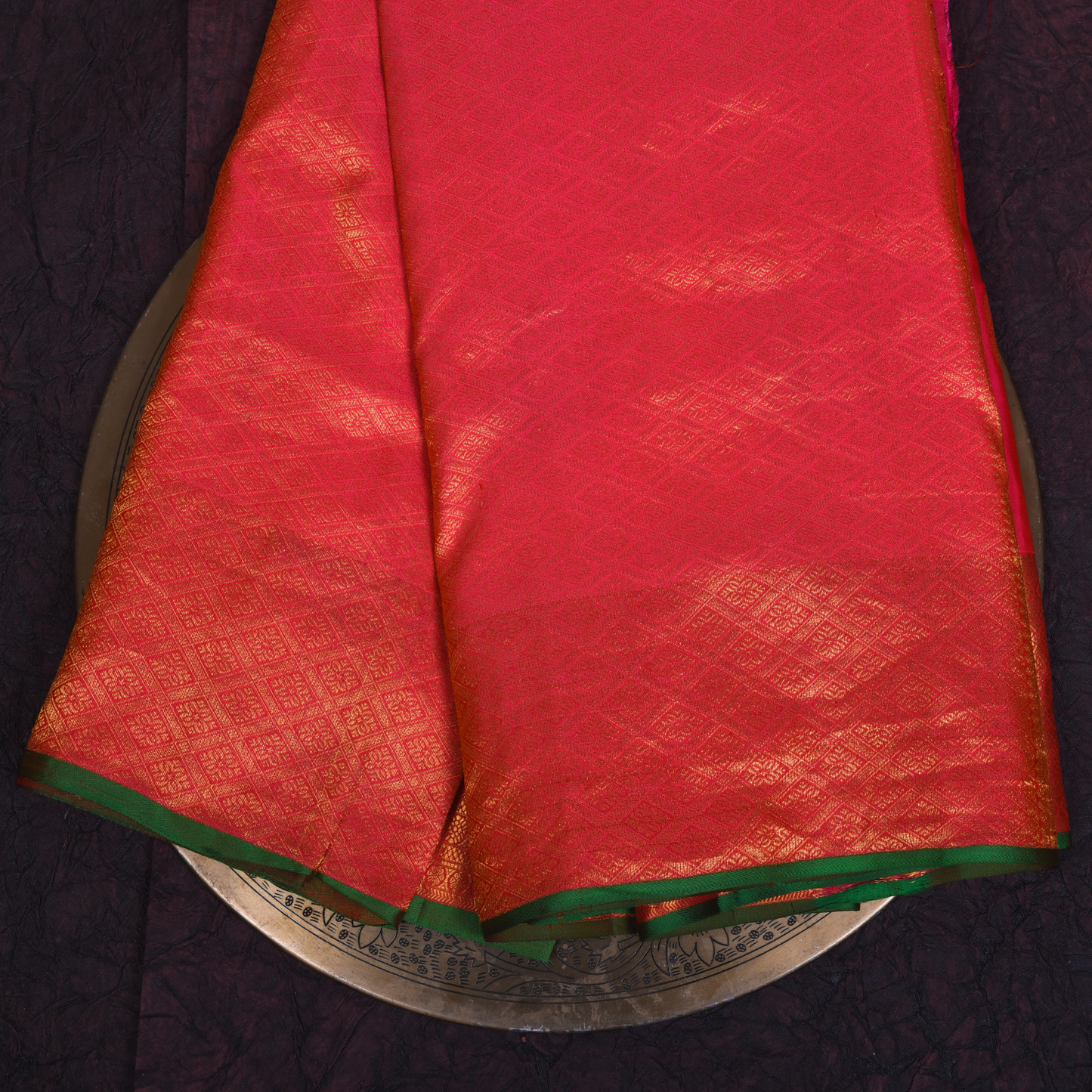 Red Kanjivaram Silk Saree with Gold Border and Green Accents