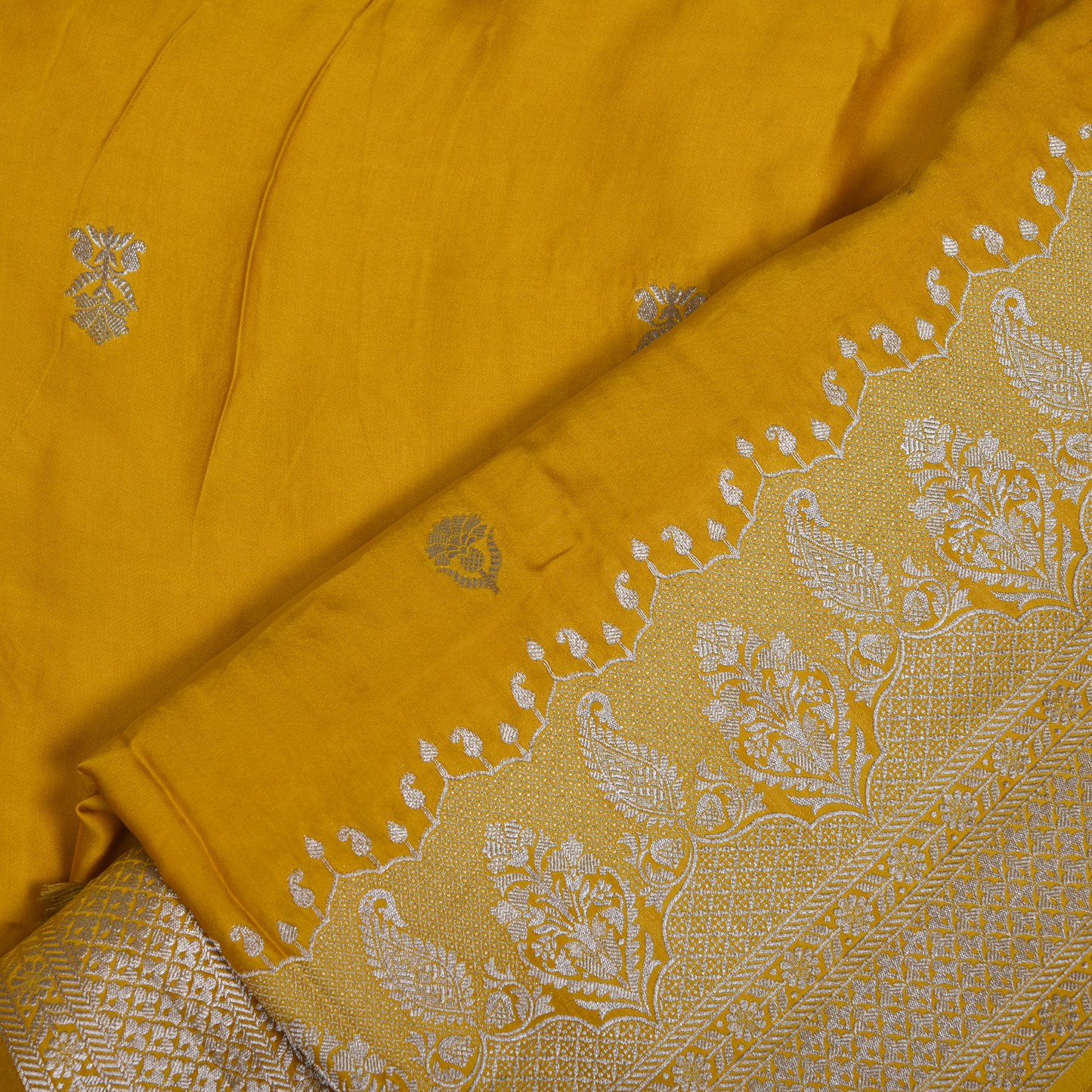 Yellow Satin Silk Saree with Silver Accents