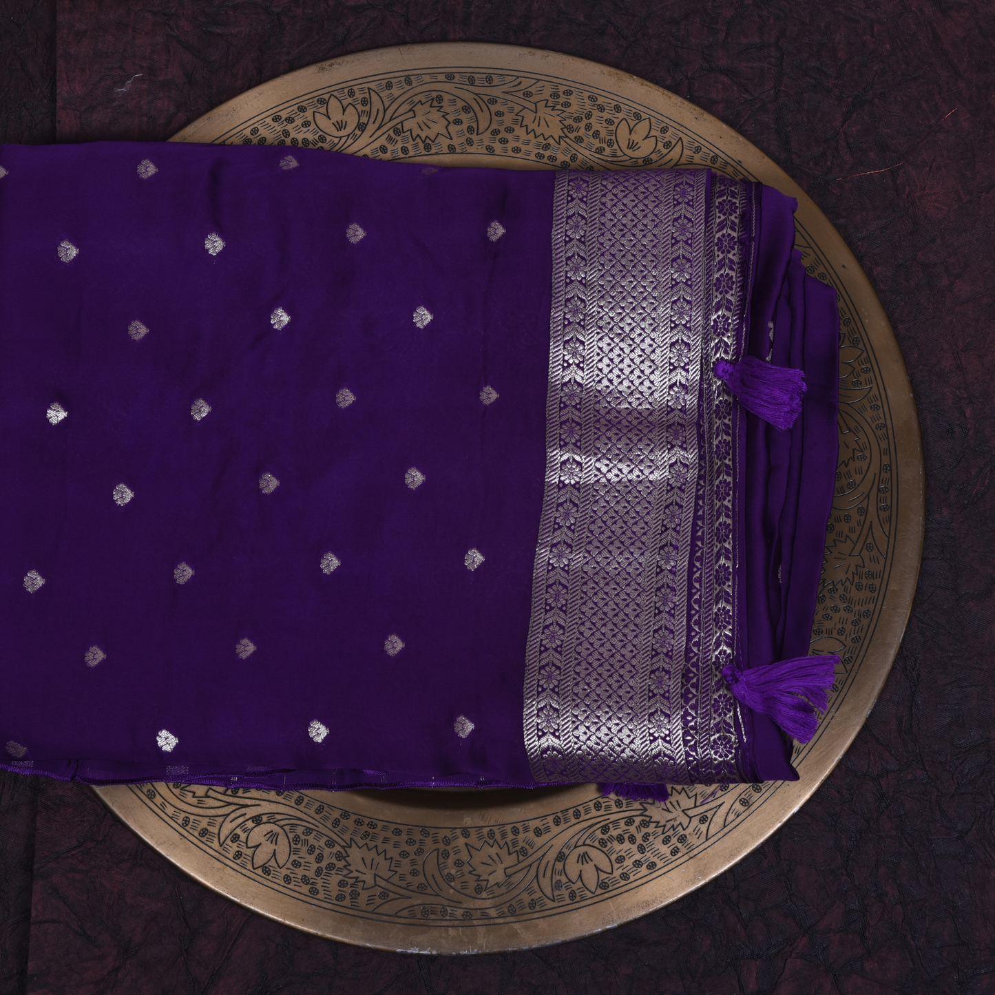 Dark Purple Satin Silk Saree with Silver Accents