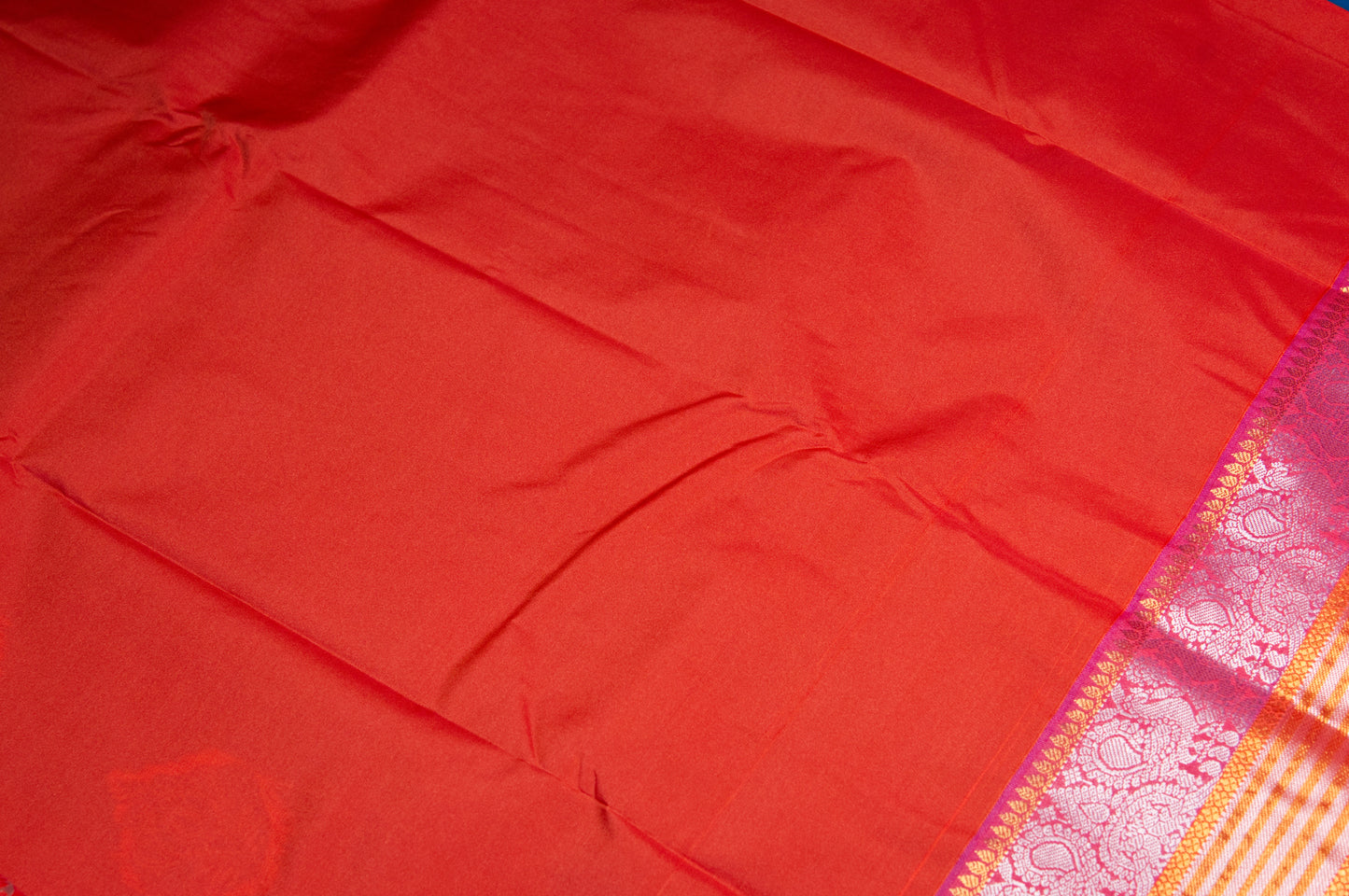 Teal and Orange Rani Kanjivaram Semi Silk Saree