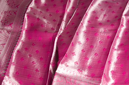 Pink and Silver Zari Warp Handloom Kanjivaram Pure Silk Saree