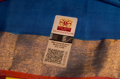 Blue and Orange Floral Kanjivaram Pure Silk Saree